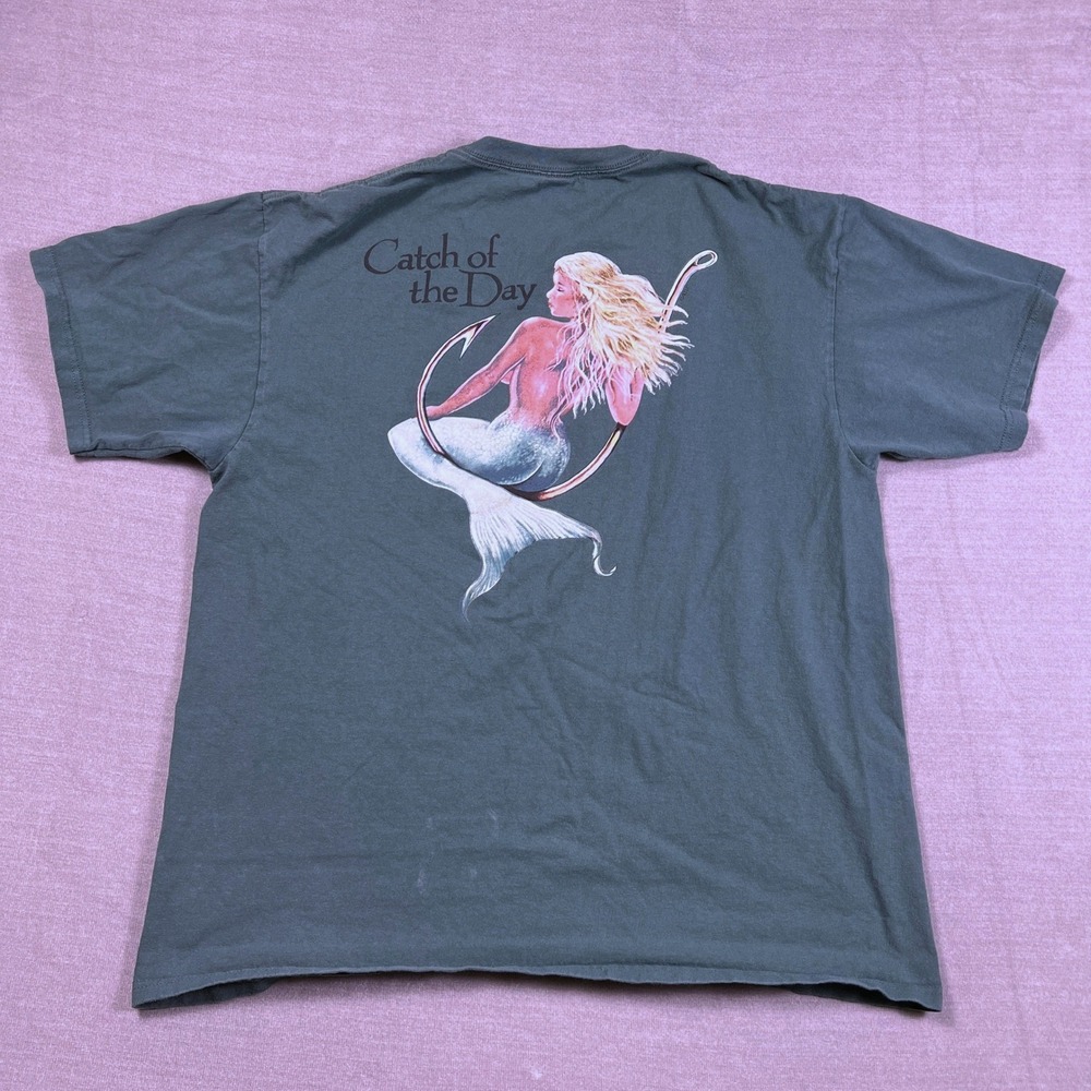 Anvil Mermaid Catch of the Day Graphic Pocket T Shirt Mens Large Light Green